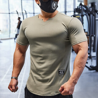 Lutielang v-neck fitness clothes coach tights quick-drying elastic men's muscle training sports short-sleeved t-shirt summer military green xl