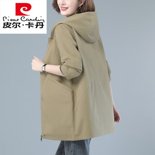 Pierre cardin mom pure cotton windbreaker women's mid-length spring and autumn middle-aged women's casual loose large hooded solid color jacket khaki xl suitable for 120-130 jin jin equals 0.5 kg