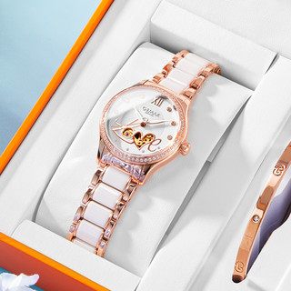 Gemax chinese valentine's day gift for girls to give to girlfriend on birthday, practical watch bracelet necklace for wife for anniversary, love rose gold diamond gift box three-piece set