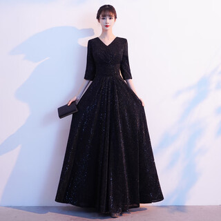Piano performance dress, adult violin performance dress, female chorus dress, winter banquet temperament conductor host evening dress, long black length l