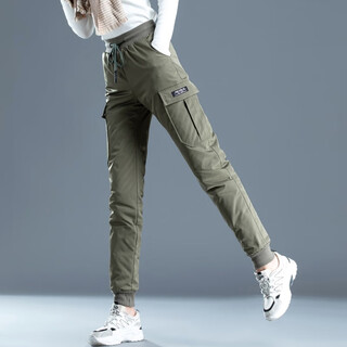 Xue murong down pants women's outerwear extra long high waist autumn and winter elastic waist tall workwear cotton pants women's white duck down women's pants army green regular 7187 (select from 165) m