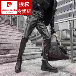 Pierre cardin spring and autumn new men's leather pants slim korean style pants pu leather thin velvet tight motorcycle riding performance black trendy pants red 27