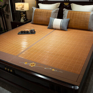 可若瑞娜2022新款双面竹席凉席学生宿舍席子双人折叠竹藤单人竹席夏季双面冬夏两用折叠碳化清凉竹空调席 锦绣良缘（宽边直角绣花工艺） 150*195cm（双人1.5米床适用）