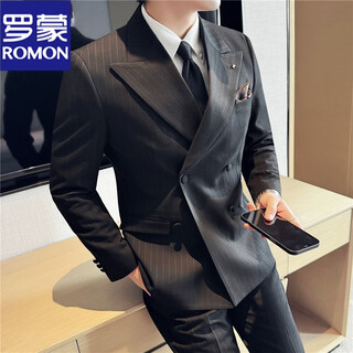 Romon autumn and winter thickened peaked lapel double-breasted suit suit men's fashionable wedding groom's dress striped formal three-piece suit black (single-piece suit) l