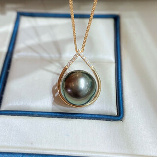 Chenru 11-12mm tahitian black pearl pendant 18k inlaid with diamonds, perfect round, strong light and slight imperfections, gift to lover, mother, paired with silver