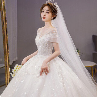 Orihime wedding dress 2025 new bridal style floor-length main gauze covering thick arms one-shoulder trailing wedding dress princess style floor-length style + bustle + veil l size recommendation 110 jin jin is equal to 0.5 kg or less