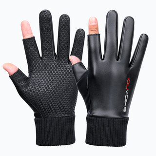 Yi xing autumn and winter leather gloves for men and women showing two fingers waterproof and velvet warm cycling driving half finger touch screen pu leather gloves windproof and warm outdoor cycling takeaway express warm gloves two finger style one size