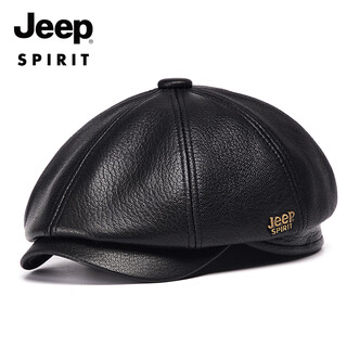 Jeep spirit genuine leather hat men's autumn and winter casual octagonal hat sheepskin peaked hat middle-aged and elderly father hat trendy beret black medium size xl (57-58cm)