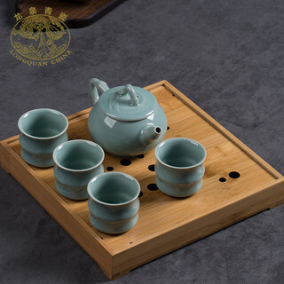 Longquan celadon kung fu tea set ceramic complete tea maker teacup teapot tea ceremony tea art with tea tray portable tea set pink green (one pot and four cups)