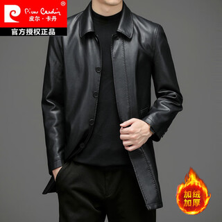Мужская куртка из натуральной кожи pierre cardin средней длины, осенне-зимняя плюс бархатная кожаная ветровка для людей среднего и пожилого возраста, кожаная куртка большого размера из овчины, черная 6xl205 (220-230jin jin равна 0,5 кг)