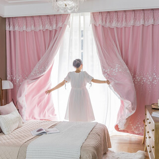 Noro curtains pink korean princess style children and girls bedroom blackout hook style internet celebrity style double-layer cloth and gauze integrated cloth and gauze integrated clover pink four-claw hook style 2 meters wide * 2 meters high / 1 piece (rod purchased separately)