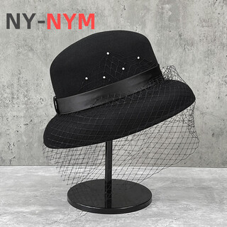 Ny-nym hepburn style elegant mesh woolen hat women's autumn and winter french retro fashion basin hat temperament socialite british style black long mesh headlight shade basin hat m (56-57.5cm) one size fits all and can be adjusted to small