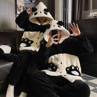 Rich hooded panda couple pajamas for women winter coral velvet cartoon flannel thickened warm men's home wear set zy velvet #panda8882 2xl male (recommended 145-170 jin jin equals 0.5 kg)