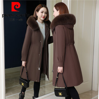 Pierre cardin high-end parka down jacket women haining 2025 new rabbit fur liner knee-length fur jacket thickened dark brown rabbit fur liner rabbit fur sleeves m 90-105jin jin is equal to 0.5 kg