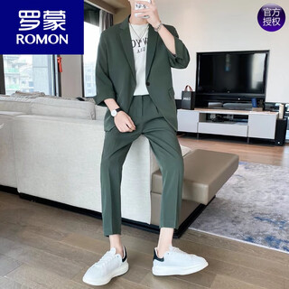 Romon summer thin casual three-quarter sleeve suit boys' sexy and handsome small suit with mid-sleeves street-friendly nine-point pants suit green suit + pants s