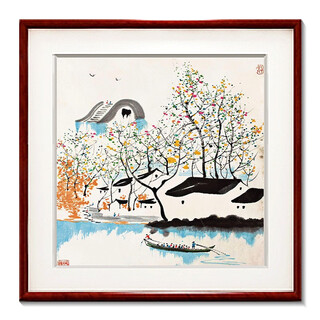 Zi teng suixuan wu guanzhong ink painting new chinese style modern living room decoration painting restaurant dining room hanging painting bedroom mural chinese style figure 7 50*50cm mahogany color solid wood frame