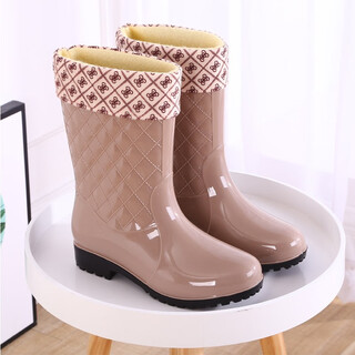 Dong yixuan's new mid-tube plus velvet rain boots, rain boots, waterproof shoes, rubber shoes, overshoes, water boots, women's fashionable adult non-slip high tube rain boots, khaki + cotton cover, one size larger 37