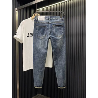 Shaofu trendy brand versatile label jeans for men, elastic, slim, simple, small-leg pants, trendy, fashionable, whiskers, slimming nine-point pants, blue 31 recommended 120-130jin jin is equal to 0.5 kg