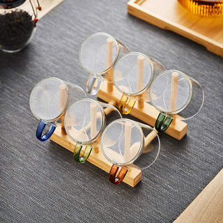 Green changming glass small tea cup thickened with handle tea cup tea set small cup tea cup six-color tea cup + cup holder