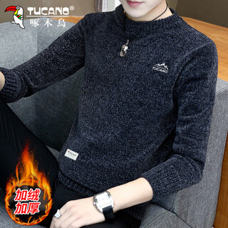Woodpecker (tucano) sweater men's autumn and winter plush warm slim round neck sweater men's wool casual men's clothing navy xl