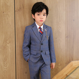 温格奥 新款儿童西装套装男童礼服小孩西服小主持人服装男孩钢琴表演服演出服正装王子服六一儿童节演讲服 西装六件套（外套+衬衫+马甲+裤子+领带+胸针） 130cm建议体重43-50斤