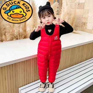 G.duck children's down cotton overalls autumn and winter thickened cotton pants for boys and girls baby open jumpsuit baby trousers trendy pocket red 100 (recommended height 85cm)