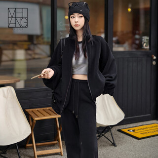 Meiyang soft fufu suit to keep out the cold, small stove, austrian velvet warm sweatshirt jacket/leg pants, fashionable temperament suit for women, black m