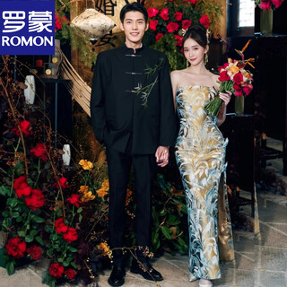 Romon new chinese tunic suit, engagement groom suit, men's wedding wedding high-end coat, national style embroidered suit suit, black jacket + pants xl