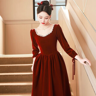 Li baixin's fugitive princess toast dress autumn and winter velvet long-sleeved engagement dress hepburn style bride wedding homecoming dress for women burgundy s