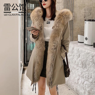 Lei mangguan parker women's 2024 winter new style fox fur collar removable liner fur jacket slim coat khaki m