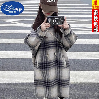 Disney (disney) girls woolen coat 2024 new spring and autumn korean style mid-length western style plaid coat woolen coat trendy hooded plaid coat 170 recommended height 155-165 cm