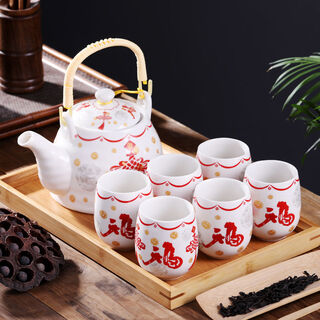 Guai japanese style teapot tea set jingdezhen ceramic complete set teapot teacup 6 pieces for home use chinese classical chinese knot (not including tray) 7 pieces