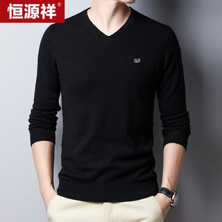 Hengyuanxiang pure wool sweater men's autumn and winter thin v-neck sweater sweater top black 170