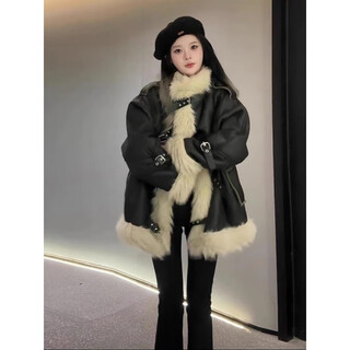 Yadaisiwei american retro fur one-piece lambswool jacket for women winter high-end plus velvet thickened imitation suede motorcycle jacket black l