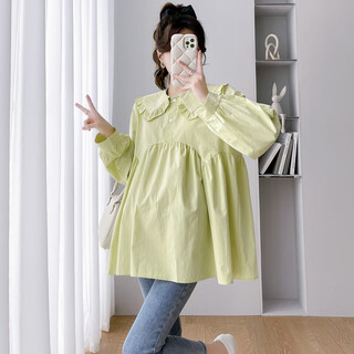 Maternity clothing spring and autumn clothing age-reducing doll collar long-sleeved shirt small loose fashionable maternity shirt top women green l