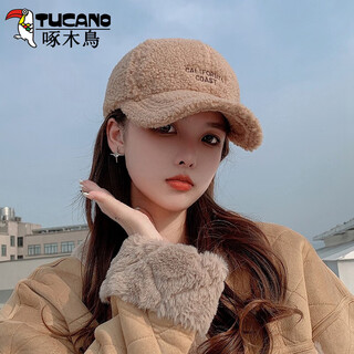 啄木鸟帽子女冬时尚可爱显脸小毛绒鸭舌加厚保暖仿羊羔毛棒球帽 深咖色