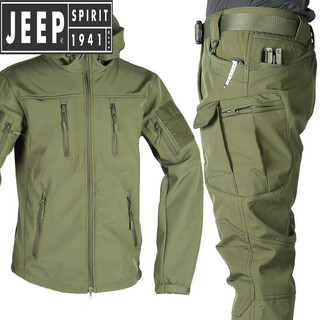 Jeep (jeep) outdoor shark charge top set men's tactical winter jacket outdoor waterproof windproof and velvet mountaineering jacket army green suit autumn and winter jacket + pants 2xl