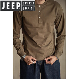 Jeep spirit american tough guy popular men's summer henley shirt solid color shirt long-sleeved loose bottoming shirt khaki hard top brown 3xl