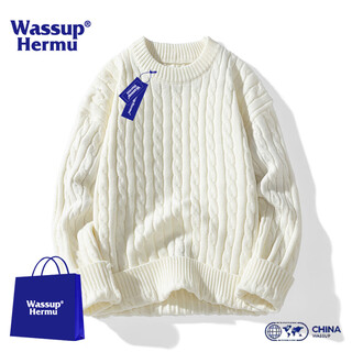 Wassup hermu official sweater for men and women in autumn and winter solid color round neck thick twist sweater plus velvet thickened sweater casual jacket off-white l (recommended 105-120jin jin equals 0.5 kg)