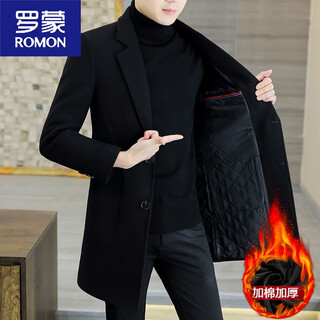 Romon winter thickened woolen coat men's korean style slim mid-length windbreaker youth casual woolen woolen coat trendy black plus cotton and thickening xl 125140jin jin equals 0.5 kg