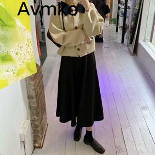 Trendy brand avmko skirt women's autumn and winter new style retro temperament mid-length high-waisted a-line fairy skirt drape solid color pleated woolen umbrella skirt black l