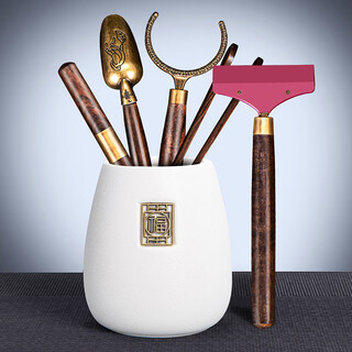 Qixuanyuan tea ceremony six gentlemen tea set household tea ceremony accessories ceramic kung fu tea spoon tea clamp bamboo tea needle tea tray ornaments rough pottery fujin tea ceremony tube (beige) + tea scrape five-piece set