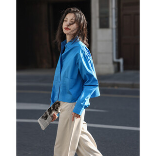 Demana simple and comfortable shirt, spring and autumn lapel diamond blue double patch pocket short long-sleeved shirt for women