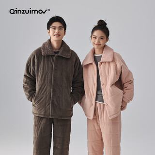 Kiss cat three-layer thickened island velvet quilted couples pajamas for women winter warm men's suit home wear outer wear 6462 tea brown men's xl