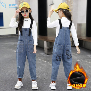 雷公仔童装女童牛仔背带裤儿童加绒长裤中大童宽松裤子女孩冬季吊带裤 蓝色加绒 160