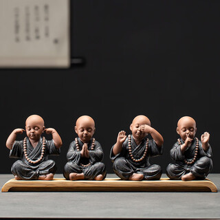 Jiuzao chinese-style high-quality purple sand little novice tea pet ornaments four little monks zen desktop character decorations can grow tea table ornaments tea set accessories tea play tea ceremony accessories black pottery four little monks set + base/zsh