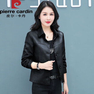 Pierre cardin 2025 new lapel black small leather coat women's short motorcycle versatile slim high waist jacket spring and autumn outfits black xl recommended 110-125 jin jin equals 0.5 kg