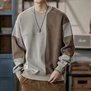 Back to explore the american style color-blocked trendy round-neck sweatshirts for men, loose autumn and winter hoodless long-sleeved boys' trendy brand casual pullovers, beige xl (140-160jin jin equals 0.5kg)