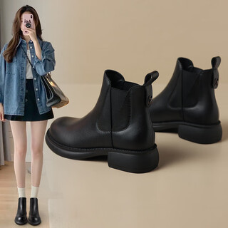 Zhr short boots for women in autumn and winter retro genuine cowhide commuter boots for women comfortable slip-on chelsea boots for women eh18 black 37