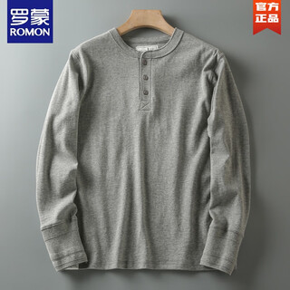 Romon autumn and winter new american casual henley shirt men's retro simple versatile solid color daily long-sleeved t-shirt base gray l